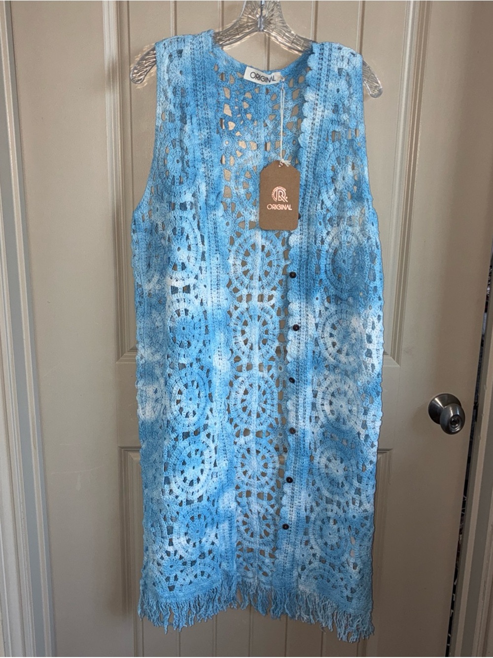 Original Blue Crocheted Sleeveless Cardigan